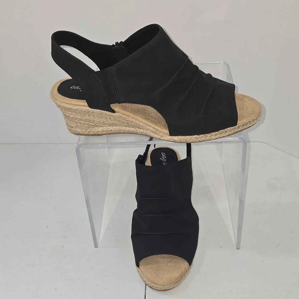 Easy Street Womens 9W Black Ruched Wedge Sandals Espadrille Slingback 31-8941
